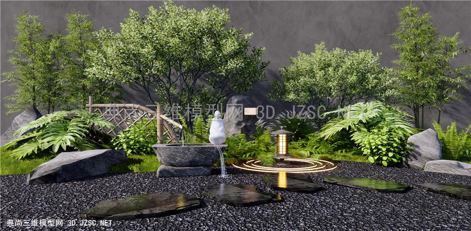 新中式庭院小品 枯山水园艺造景 水钵 植物堆 灌木 花草1