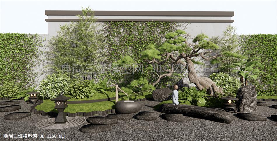 新中式庭院景观小品 松树石头景观造景 造型松树 植物堆 灌木 爬山虎 景墙