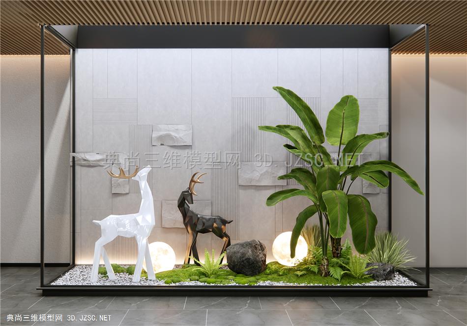 现代室内景观造景 庭院小品 麋鹿雕塑 植物堆 花境 植物组合 苔藓