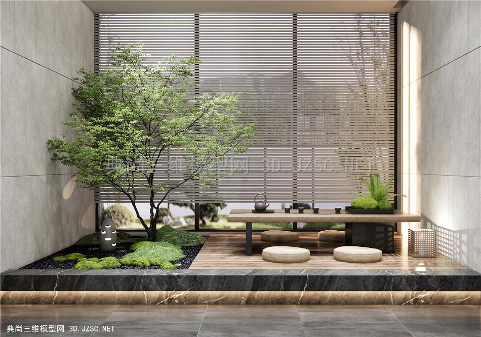 新中式茶室 茶桌椅 室内景观造景 乔木