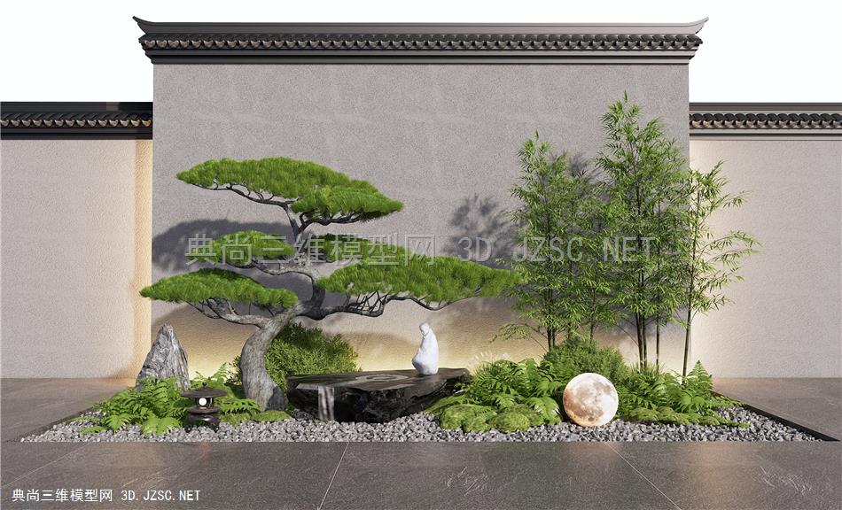 新中式庭院景观小品 景墙 松树 景观造景 植物景观 竹子 灌木1