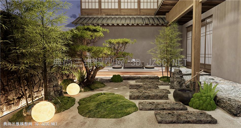 日式居家庭院景观 枯山水 茶室 茶桌椅 庭院造景 石头 景观植物 竹子
