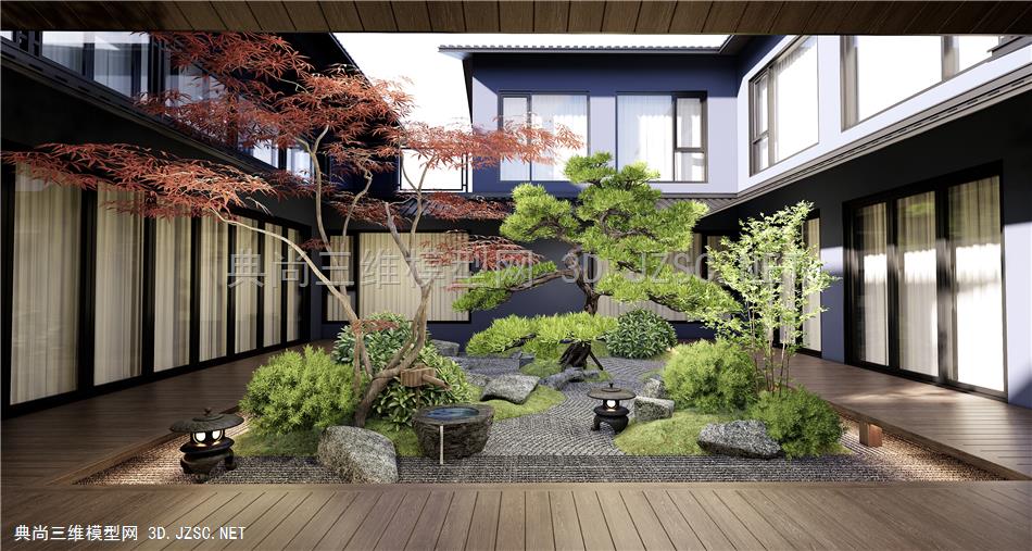 新中式中庭庭院景观 枯山水 植物组合 景观树 松树 红枫 微地形 石头1