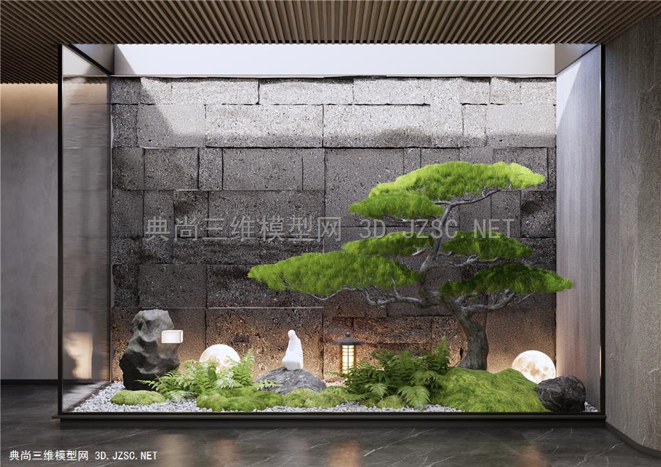 新中式室内景观造景 庭院小品 松树 植物堆 天井景观 石皮墙 石头1
