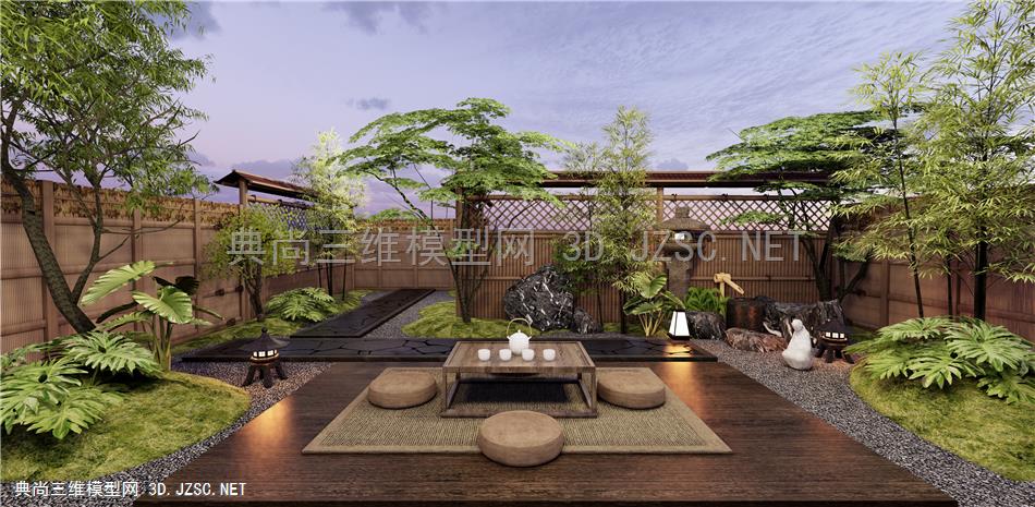 日式庭院景观 石头 水钵 茶桌椅 植物景观 竹子