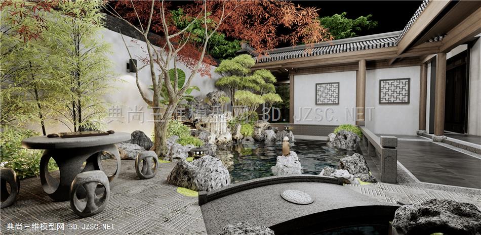中式庭院景观 假山水景 跌水景观 石头 石桌 水景 松树 民宿庭院