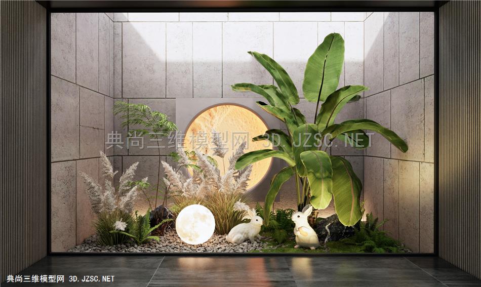 现代庭院小品 室内植物造景 芦苇 芭蕉 蕨类植物 青苔