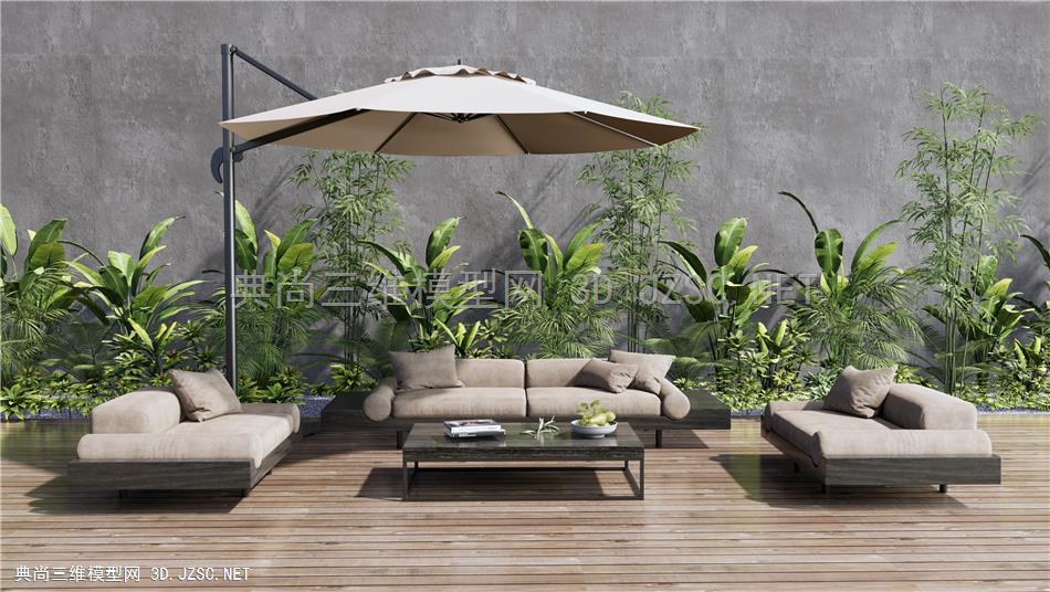 现代户外沙发 庭院休闲沙发 灌木 植物堆1