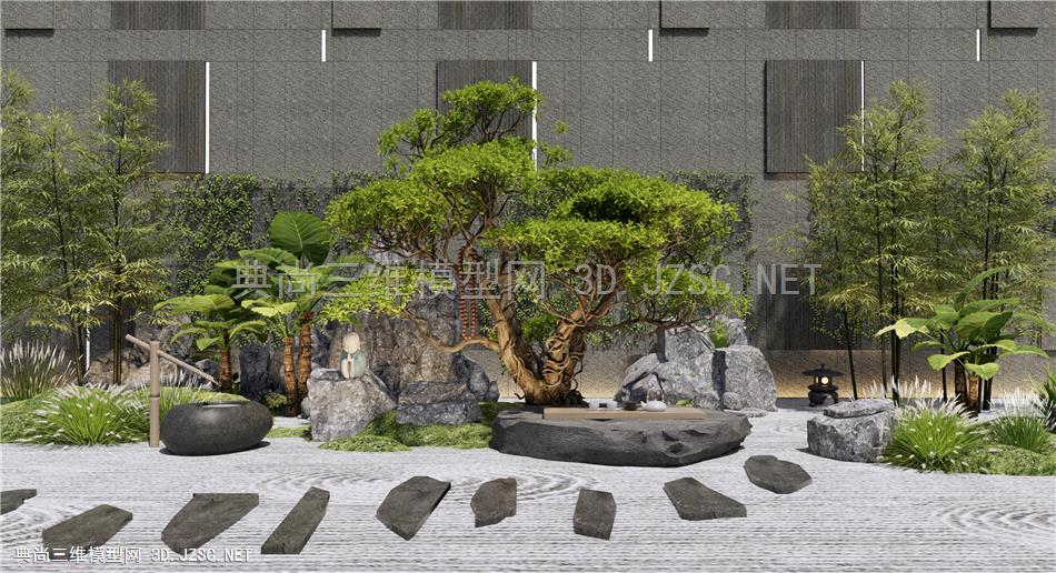 新中式枯山石庭院景观 石头假山 景观小品 景观树  竹子 石头茶桌 水钵 松树