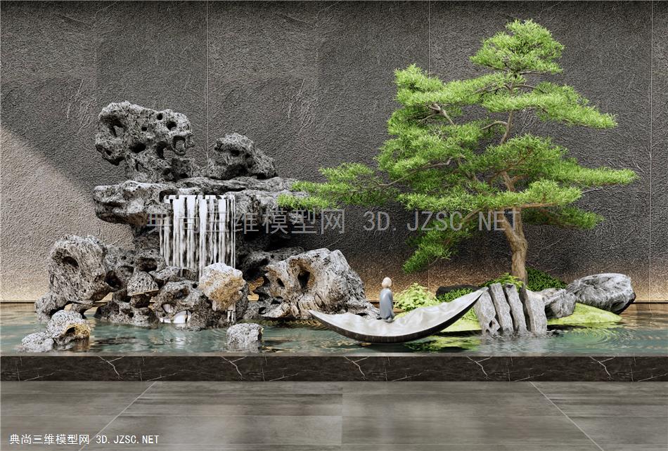 新中式假山水景 石头景观小品 松树 景观石 雕塑小品 小船
