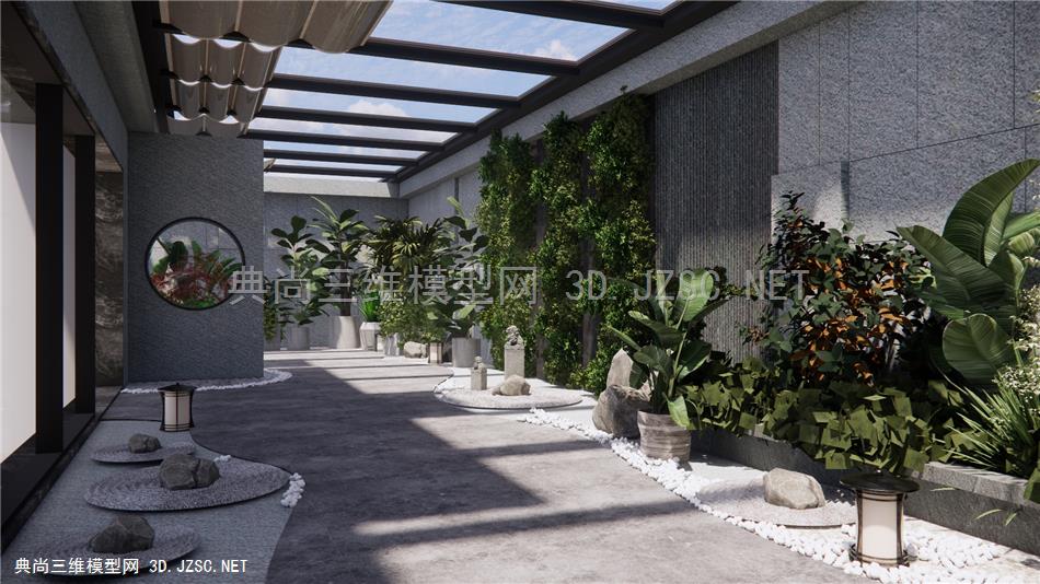 新中式庭院景观 阳光房 采光井 景墙 地灯 拴马桩 枯山水 垂直绿化
