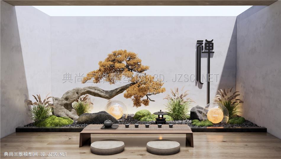 新中式庭院小品 景观造景 茶室 茶桌椅 造型松树 苔藓 植物景观1