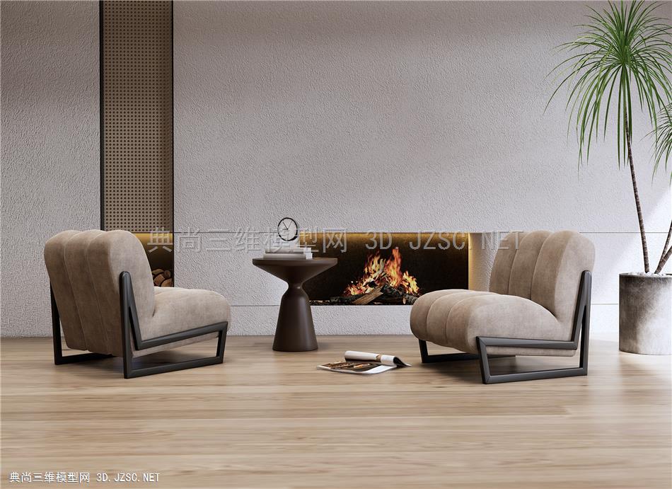 现代休闲椅 沙发椅 壁炉 火炉 木柴 植物盆栽