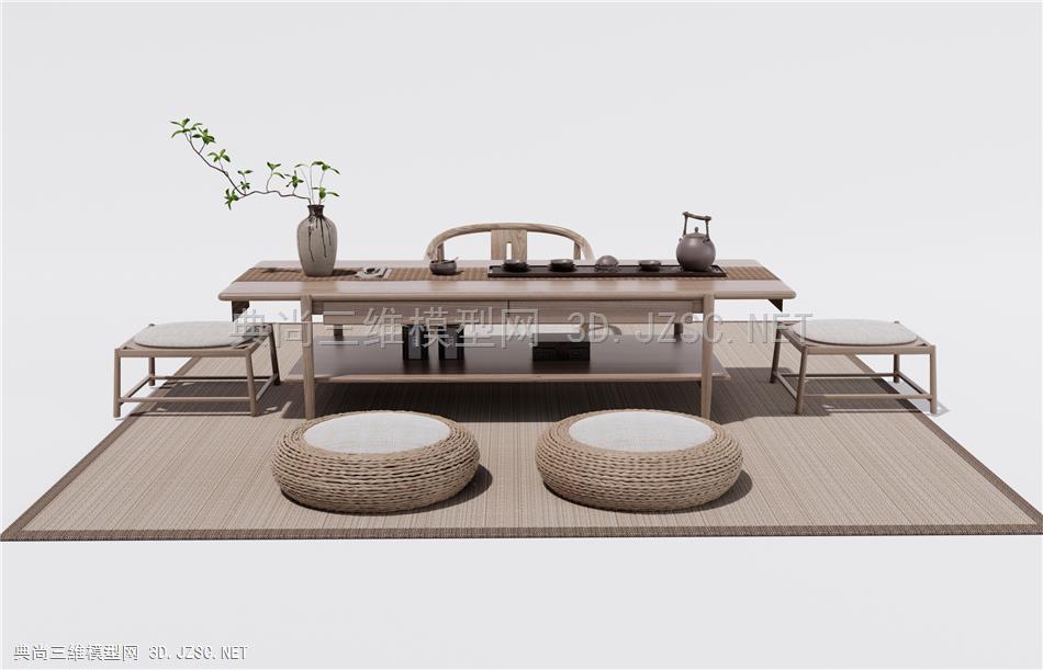 日式茶桌椅 茶台 茶具 绿植 坐垫 茶椅
