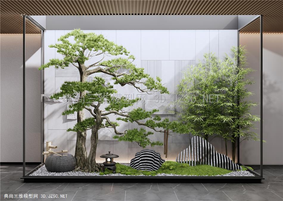 新中式庭院小品 松树石头景观造景 水钵 苔藓 景观石 竹子