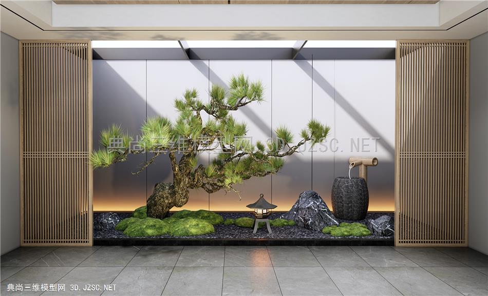 新中式庭院景观小品 室内景观造景 松树 石头 景观石 水钵1