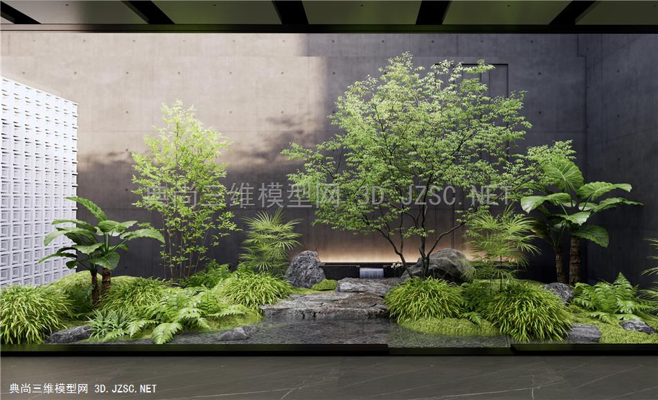 现代庭院小品 景观造景 植物组合 植物堆 水景 跌水景观 乔木