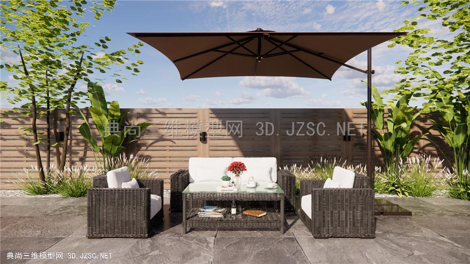 现代庭院景观户外沙发组合桌椅遮阳伞植物组合庭院围墙格栅