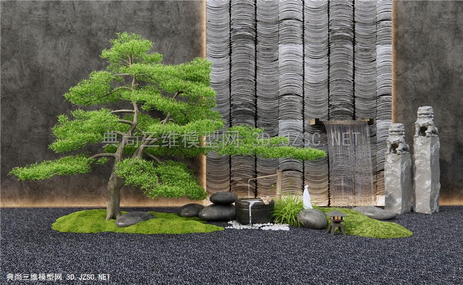 新中式景观造景 庭院小品 水景墙 松树 石头 水钵 拴马柱1