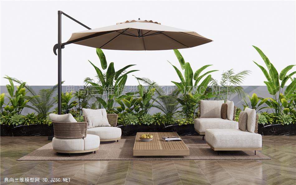 现代户外沙发 单人沙发 灌木 植物堆 植物组合