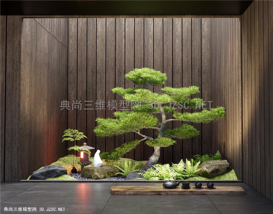 新中式室内景观造景 庭院小品 植物景观 松树 禅意小景 石头1