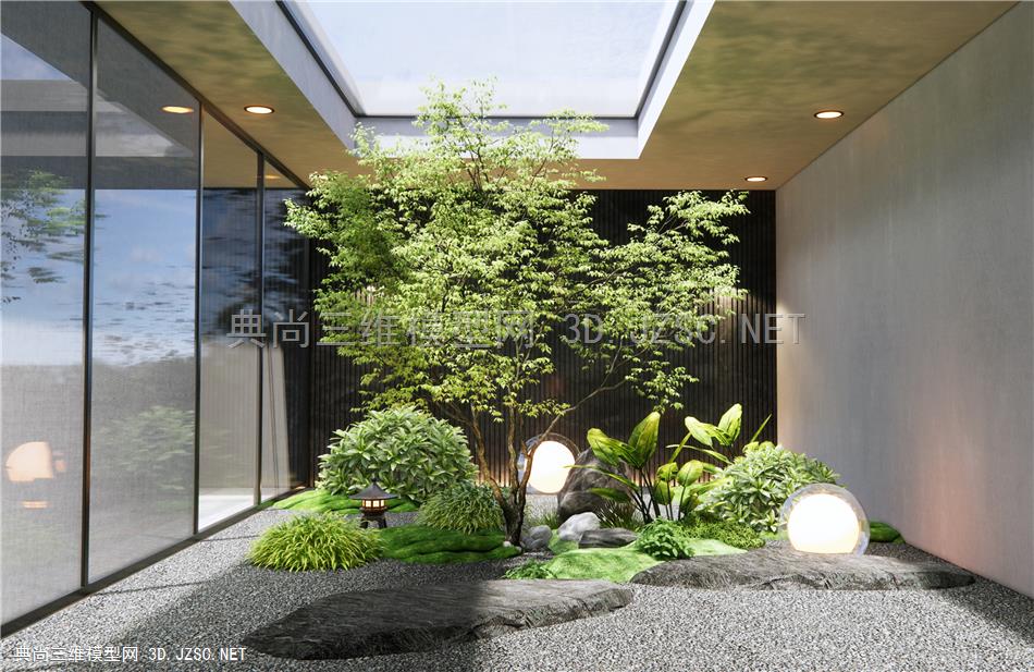 现代庭院小品 室内植物景观造景 石头 景观石 植物堆 灌木 绿植组合 乔木 景观树1