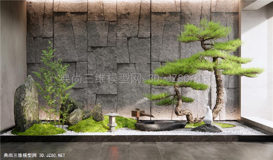 新中式庭院景观小品 室内景观造景 景石松树景观 假山石头 水钵 植物景观 景墙石墙1