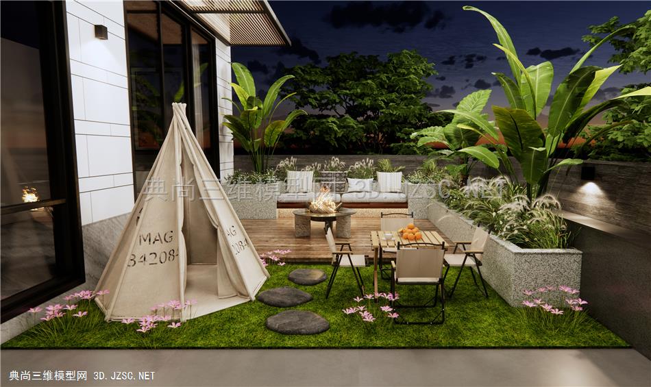现代屋顶花园 庭院景观 阳台露台 户外桌椅 露营休闲景观 花草植物 植物堆 户外沙发