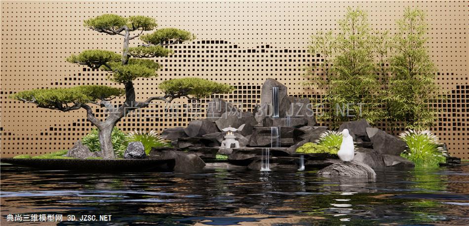 新中式假山水景 跌水景观 叠水小品 松树 假山石 竹子