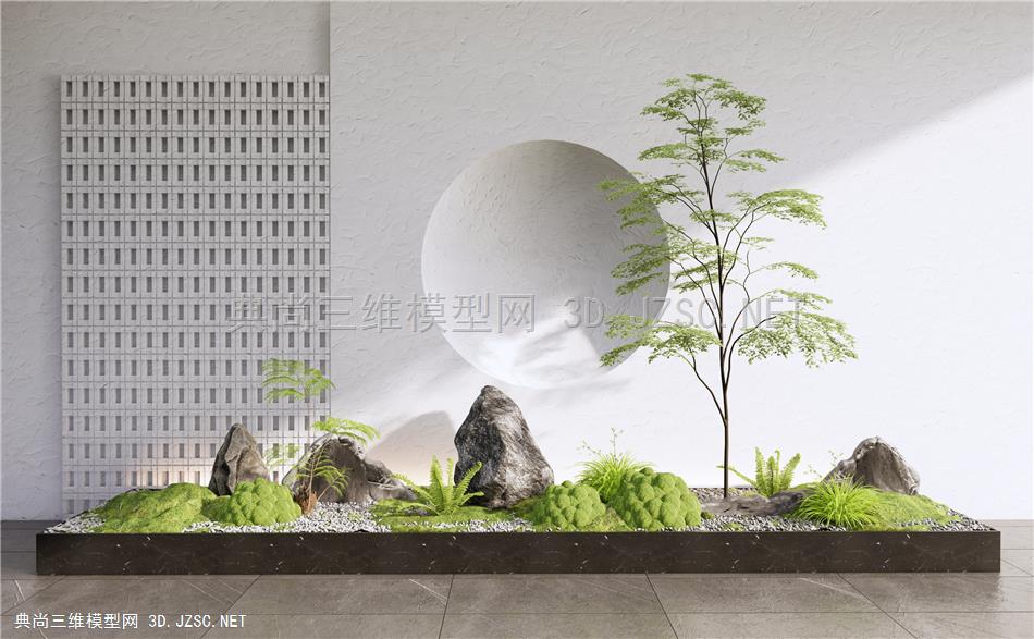 现代室内景观造景 庭院小品 植物景观 植物堆 石头 苔藓植物