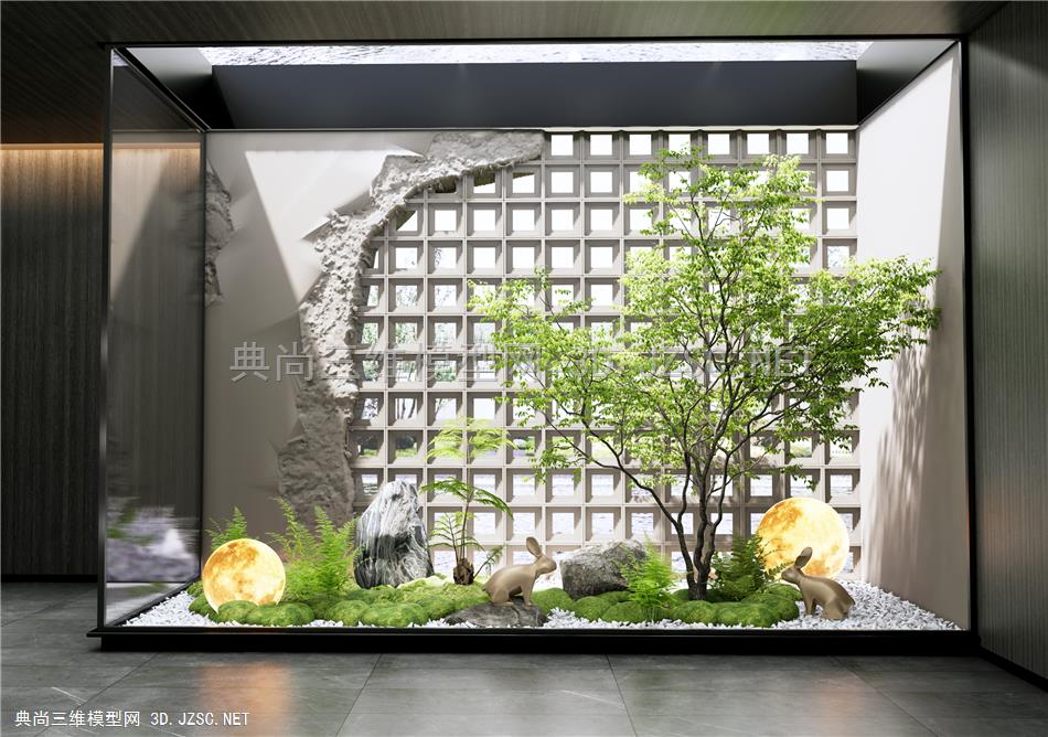 现代室内景观造景 庭院小品 苔藓 月球灯 蕨类植物 水泥砖隔断 室内景观1