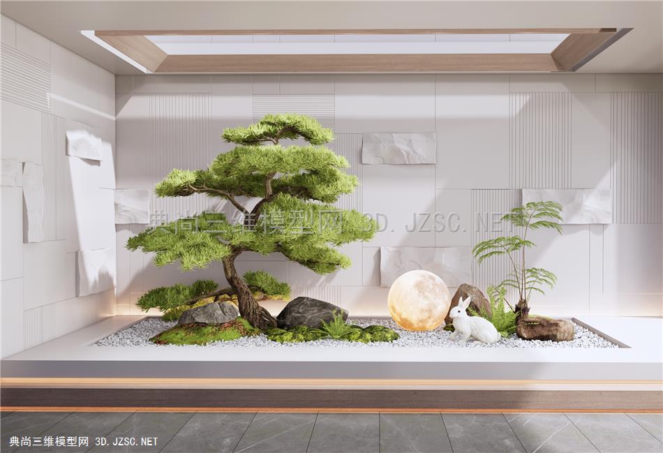 现代庭院植物小品 室内景观造景 月球灯 石头 松树 植物景观1
