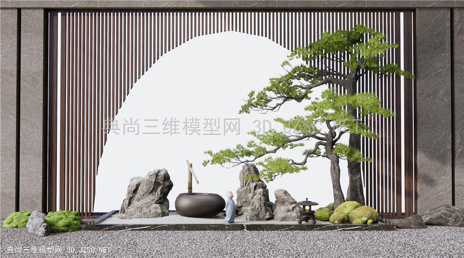 新中式假山石头 景观造景 庭院景观小品 松树 景墙 水钵1