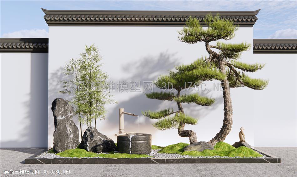 新中式景观造景 庭院景观小品 景观石头 迎客松 景墙 水钵1