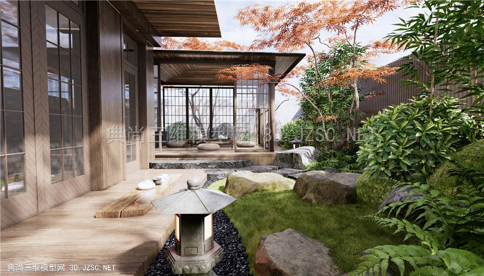 日式庭院景观 户外茶室 茶桌椅 红枫 植物景观 禅意下沉庭院 别墅花园1