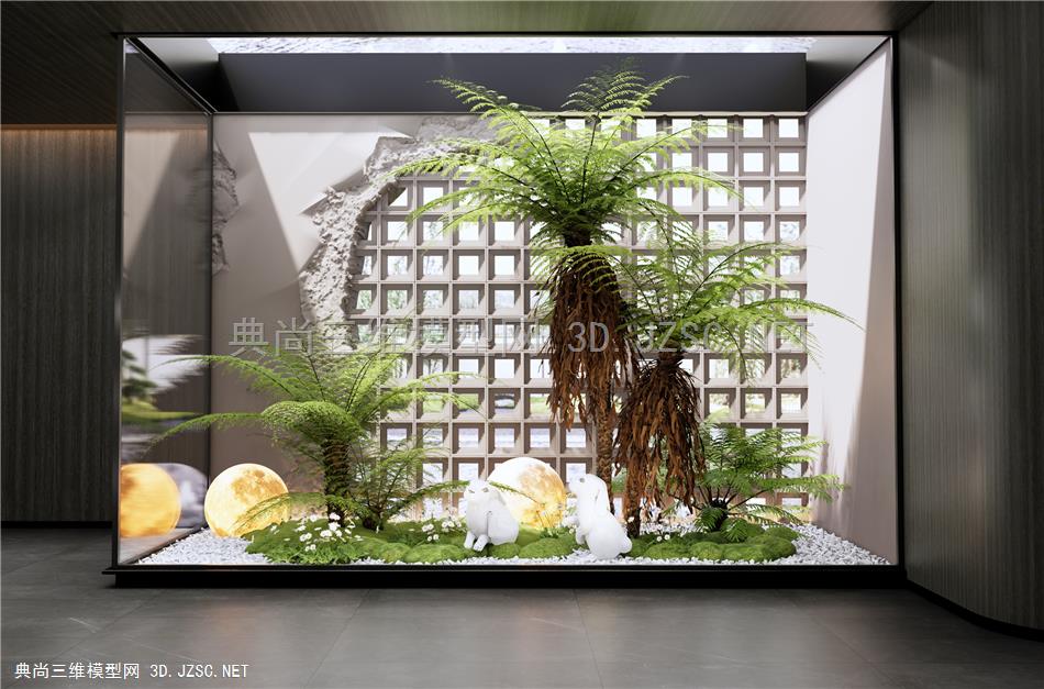 现代室内植物景观造景 庭院小品 植物堆 苔藓 灌木