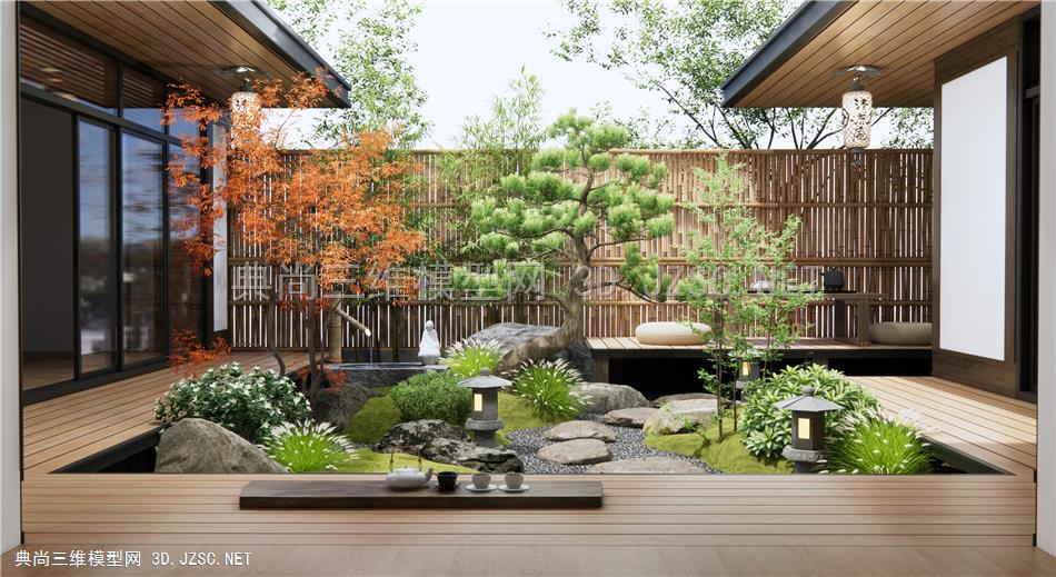 日式禅意庭院景观 枯山水庭院 居家院子 植物堆 灌木绿植 茶桌椅 石头 景观石 微地形1