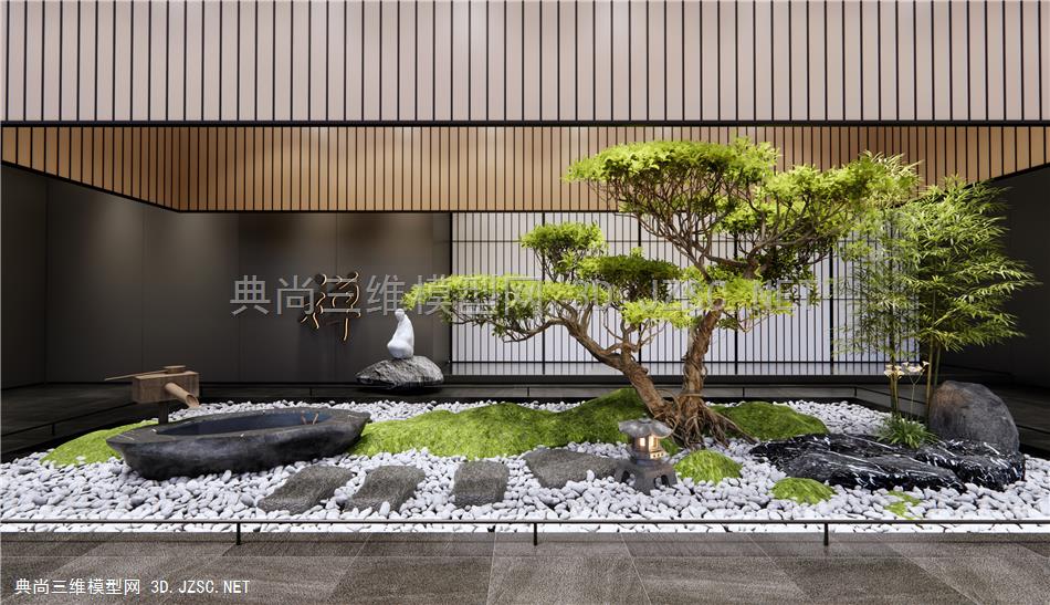新中式景观造景 庭院小品 水钵 植物景观 景观石 景观树 竹子1