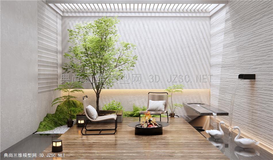 现代天井庭院景观 阳台 露台景观 水景 户外椅 植物堆 乔木 景观树1