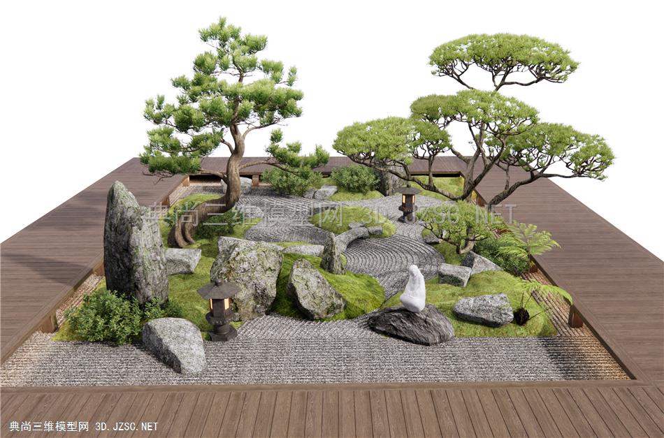 新中式庭院景观小品 中庭造景 景观石 罗汉松 松树 假山石头1