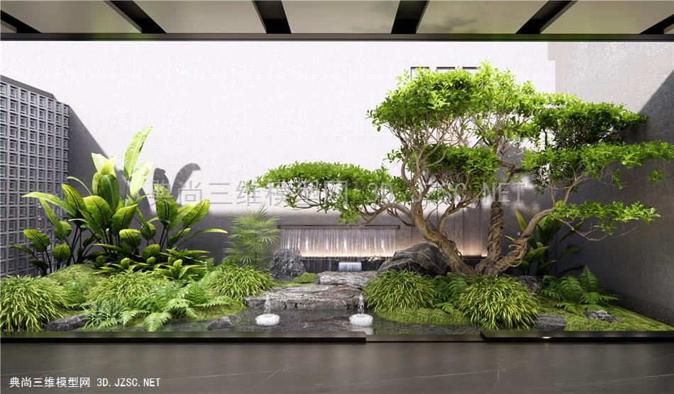 现代假山水景 植物组合 植物堆 水景 跌水景观 灌木 景观树1