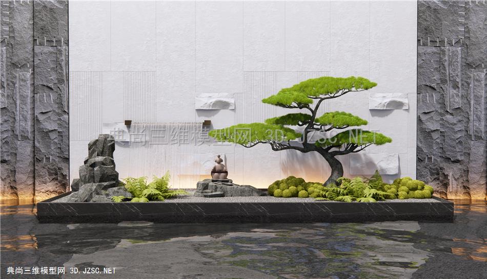 新中式庭院小品 假山水景 跌水景墙 苔藓 罗汉松 景观石头1