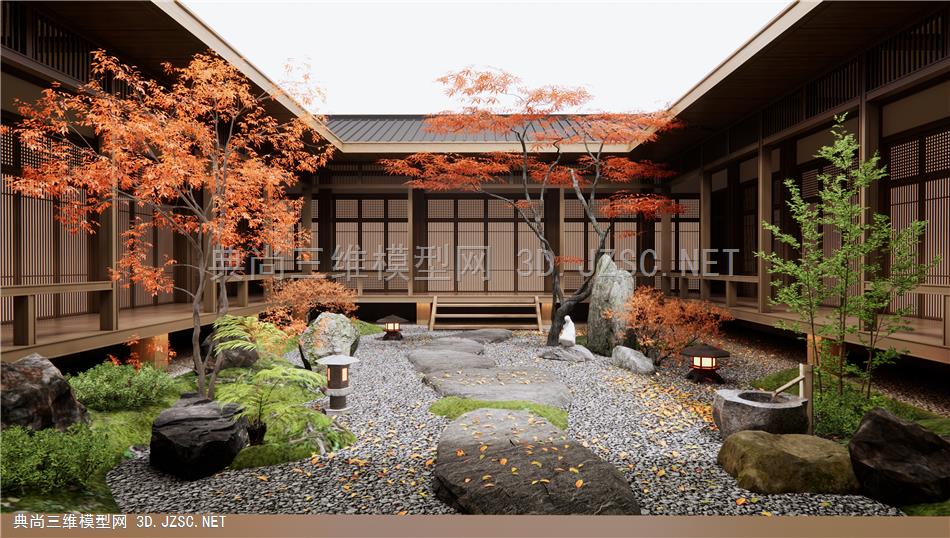 日式中庭庭院景观 枯山水造景 景观石头 红枫景观树 石板路 假山石头 植物景观