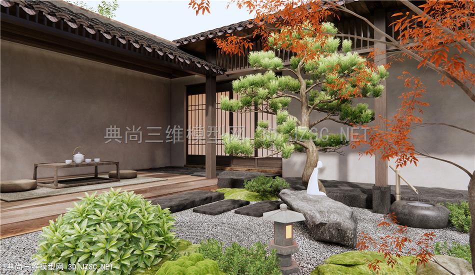 日式民宿庭院景观 茶室 禅意庭院造景 植物景观 植物堆 红枫 松树