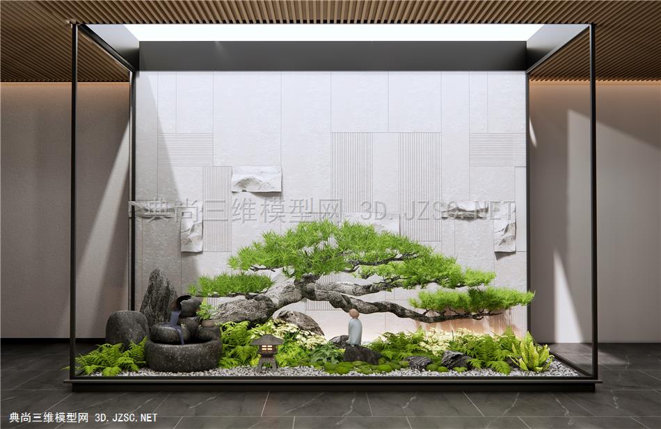 新中式庭院小品 室内景观造景 水钵 植物堆 植物组合 松树 罗汉松 景观石 假山