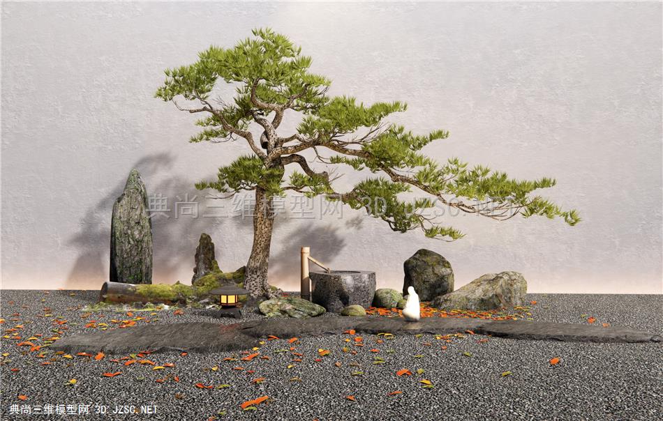 日式庭院景观小品 石头 景观石 石板路 罗汉松 松树 庭院景观造景1