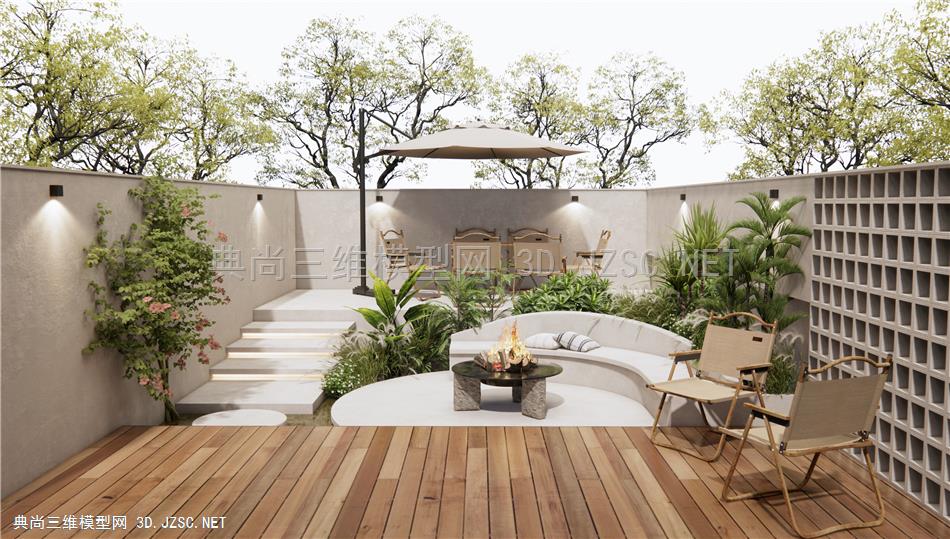 现代庭院景观 屋顶花园 户外桌椅 休闲椅 植物堆 植物组合 灌木 景观树