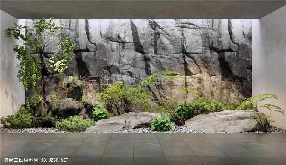 现代室内景观造景 庭院小品 石头 景观石 假山 植物景观 植物堆 灌木 毛石背景墙1