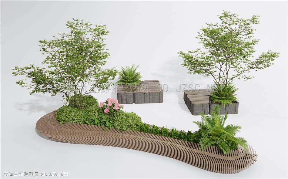现代户外景观座椅 植物堆 乔木 景观树 灌木绿植1