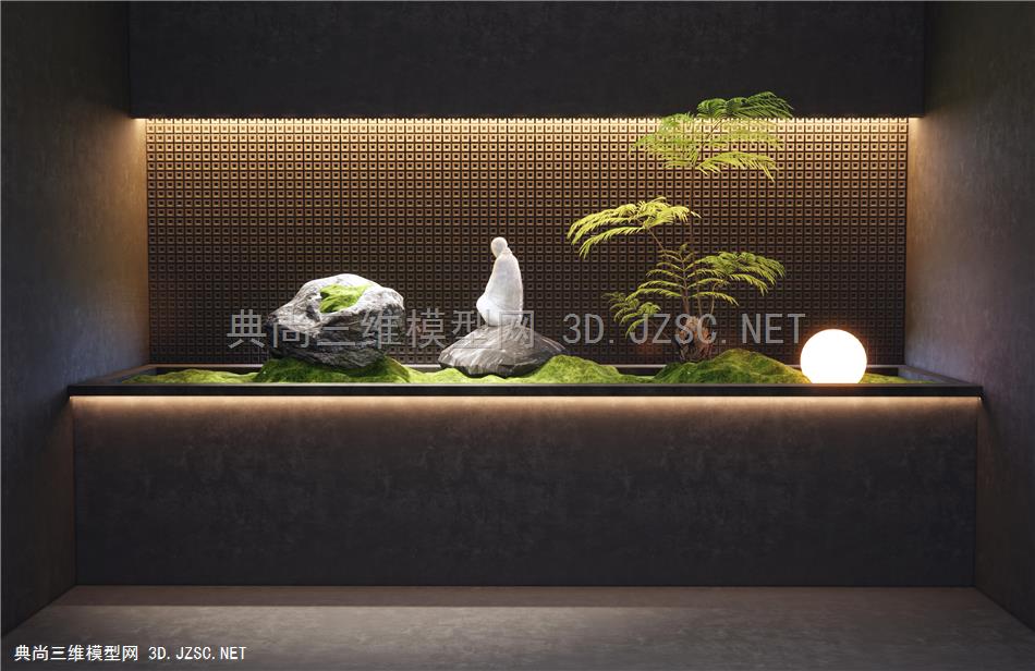 新中式景观小品 石头 禅意小景 蕨类植物 室内景观造景